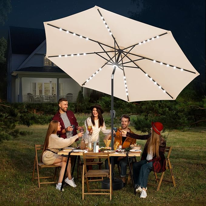 FLAME&SHADE 10 FT Solar Light Patio Umbrella, 40 LED lights outdoor umbrella with Centre Surround Light, Table Market Umbrella for Deck, Pool, Porch, Backyard, Garden, UV Protection, Beige