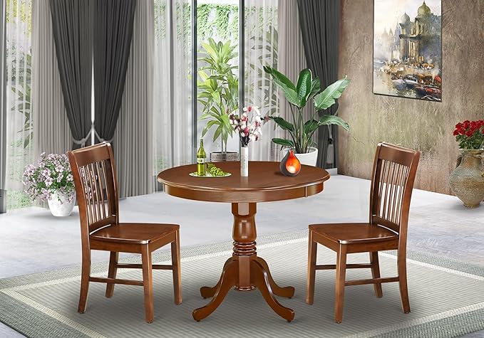East West Furniture ANNO3-MAH-W 3 Piece Dining Room Table Set Contains a Round Kitchen Table with Pedestal and 2 Dining Chairs, 36x36 Inch, Mahogany