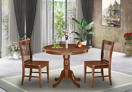 East West Furniture ANNO3-MAH-W 3 Piece Dining Room Table Set Contains a Round Kitchen Table with Pedestal and 2 Dining Chairs, 36x36 Inch, Mahogany
