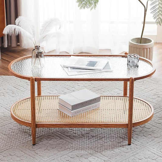 VINGLI 38" Rattan Oval Coffee Table, Water-Wave Glass Metal Center Table, Modern Coffees Table with 2-Tier Storage, Farmhouse Coffe Table for Living Room and Small Space, Natural Vibe