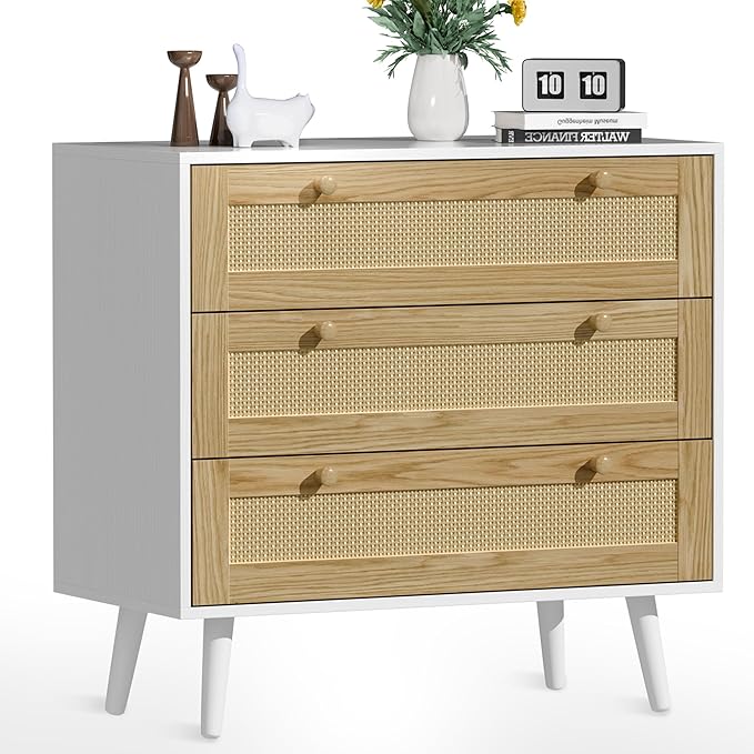3 Drawer Rattan Dresser for Bedroom, Modern Wooden Dresser Chest with Handles for Bedroom, Hallway and Living Room, White