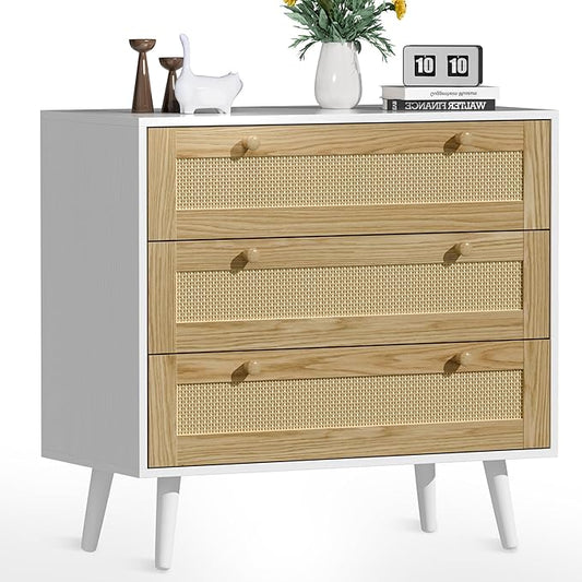 3 Drawer Rattan Dresser for Bedroom, Modern Wooden Dresser Chest with Handles for Bedroom, Hallway and Living Room, White