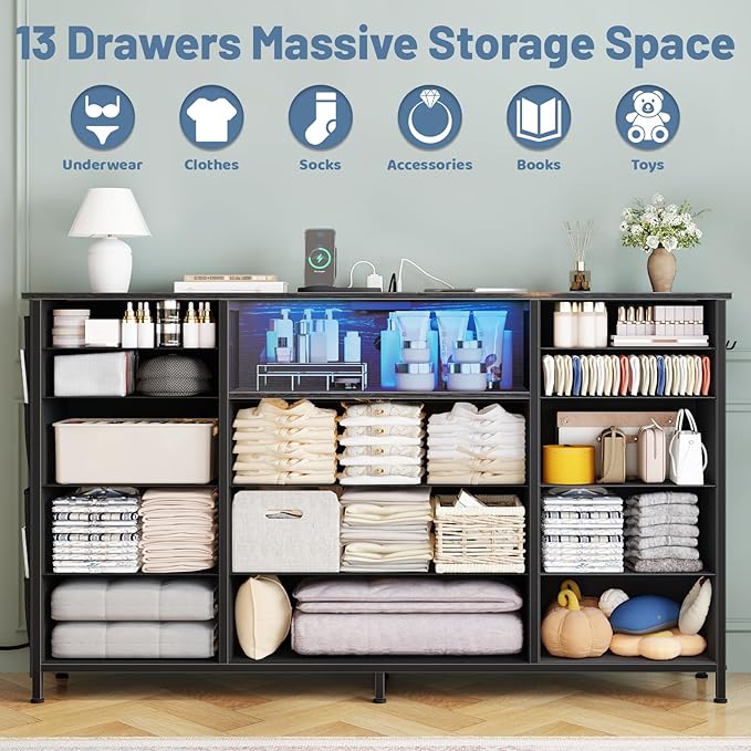 HCHQHS Dresser for Bedroom with 13 Drawers, 47 Inch Fabric Dresser with Remote Control Lights, Side Pockets & Hooks for Closet or Large TV Stand (Black)