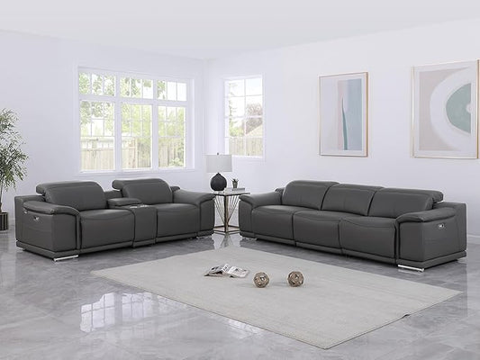 BlackJack Furniture Venice Top Grain Italian Leather Power Recline 6 Piece 5 Seater Sofa - 107" Theater Seating Modern Couch for Living Room Lounge with Adjustable Headrests & USB Port, Dark Grey