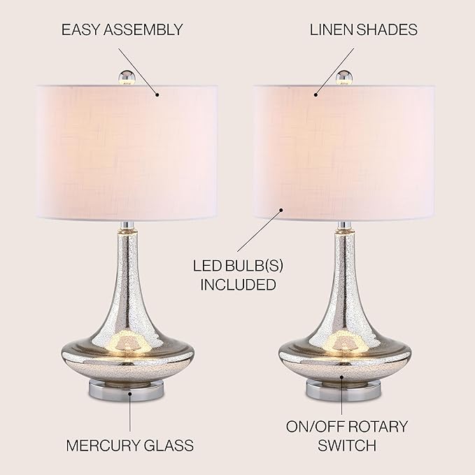 JONATHAN Y 25.5" Mercury Silver Glass Teardrop Table Lamp Set of 2 for Bedroom, Modern Bedside Lamps for Living Room, White Linen Drum Shade, LED Bulbs Included JYL1081A-SET2