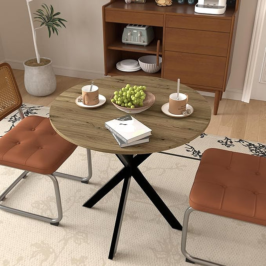 31.5" Round Dining Table for 2-4 People, Small Circle Kitchen Table with Black Metal Legs, Space-Saving Table for Apartments, Small Spaces (Rustic Brown)