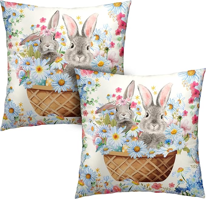 Easter Bunny Pillow Covers 16x16 Spring Rabbit Daisy Floral Throw Pillow Covers A Basket Filled with Lovely Bunny and Flowers Pillowcase Cushion Case for Sofa Patio Garden 2 Pack