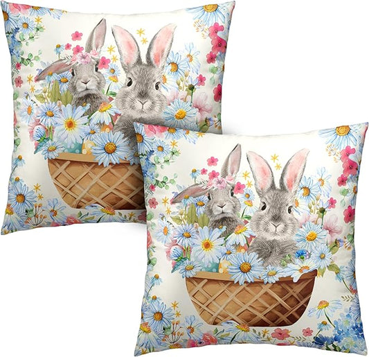 Easter Bunny Pillow Covers 20x20 Spring Rabbit Daisy Floral Throw Pillow Covers A Basket Filled with Lovely Bunny and Flowers Pillowcase Cushion Case for Sofa Patio Garden 2 Pack