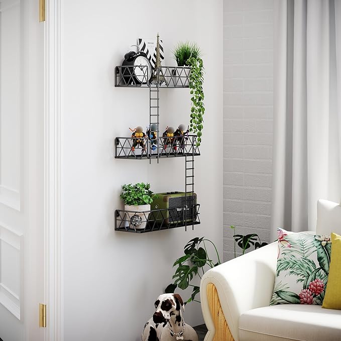 LUDOUR Fire Escape Wall Shelf - 3 Tier Fire Escape Ladder Wall Shelf 16.5’’ Long, New York Metal Decorative Shelf for Action Figure Display, Black Floating Wall Shelves for Bedroom, Home Décor.