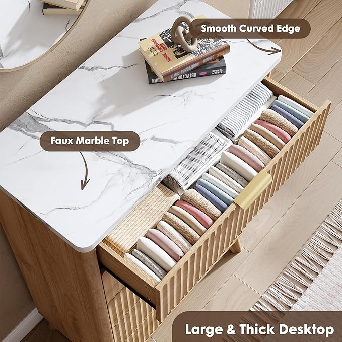 Garvee 5 Drawers Dresser for Bedroom, 47.2" Tall Dressers with Curved Profile Design, Fluted Wood Drawers with Gold Handle, Modern Chest of Dressers with Thickened Design for Living Room, Natural
