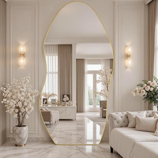 Antok Full Length Mirror, 81"x41" Floor Mirror with Stand, Standing Hanging Leaning Irregular Mirrors for Bedroom Living Room Entryway, Wavy Shaped, Golden