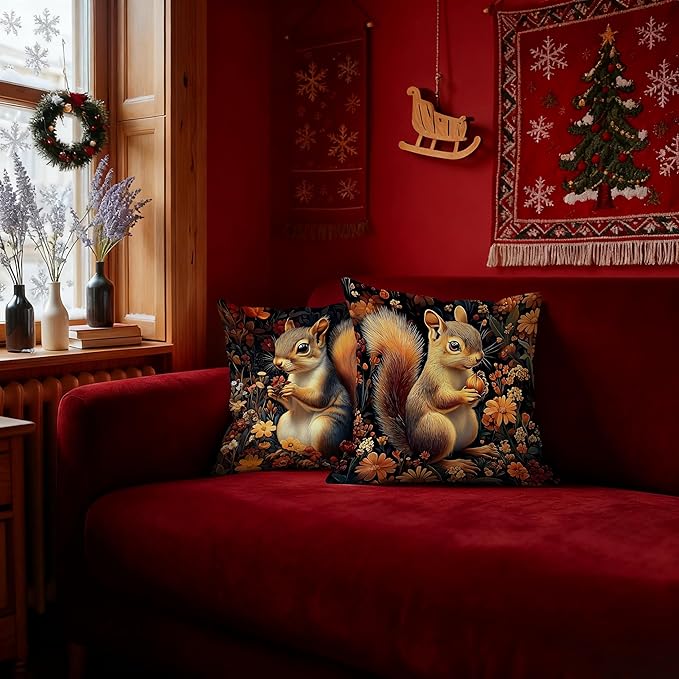William Morris Inspired-Floral Squirrel Pillow Covers 18x18 Set of 2,Dark Cottagecore Decor, Moody Rustic Botanical Mysterious Squirrel Wildlife Decor Pillow Covers for Home Living Room Bedroom