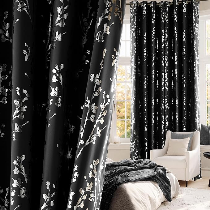 NICETOWN 100% Black Out Curtains 96 inch Long for Living Room, Grommet Silver Foil Printed Floral Blackout Curtains Thermal Drapes Branch Pattern for Bedroom, W52 x L96, 2 Panels
