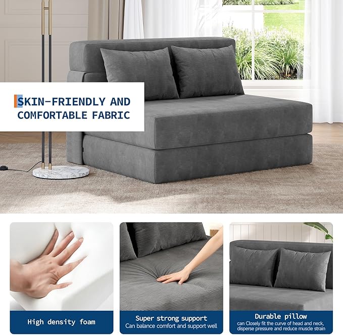 Garvee 4-in-1 Folding Sofa Bed & Chair Bed - Convertible Sleeper, Fold Out Loveseat Sofa Couch with Pillow, Tufted Floor Lounge for Living Room, Bedroom, Guest Room, Dark Grey