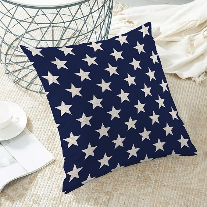 BETGINY 4th of July Pillow Covers 18x18 Set of 2, Memorial Day Blue Stars Decorations Throw Pillow Covers Linen Patriotic Independence Day Cushion Case for Couch Sofa Summer Home Outdoor Decor