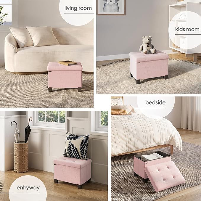 Storage Ottoman Cube with Small Bin, 16-in Square Ottoman with Storage for Living Room and Bedroom, Small Ottomans Foot Rest, Velvet Foot Stools Ottomans Max 330lbs, Pink