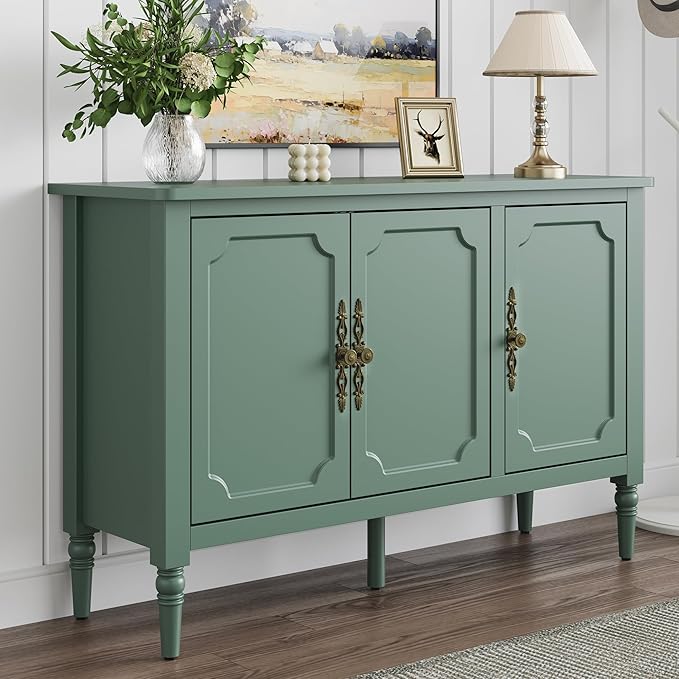 RoyalCraft Buffet Sideboard with 3 Doors, Mid-Century Sideboard Cabinet with Adjustable Shelves, Wood Buffet Cabinet with Turned Legs, Accent Cabinets for Entryway, Living Room, Dining Room, Green