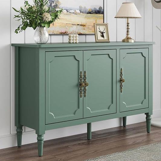 RoyalCraft Buffet Sideboard with 3 Doors, Mid-Century Sideboard Cabinet with Adjustable Shelves, Wood Buffet Cabinet with Turned Legs, Accent Cabinets for Entryway, Living Room, Dining Room, Green