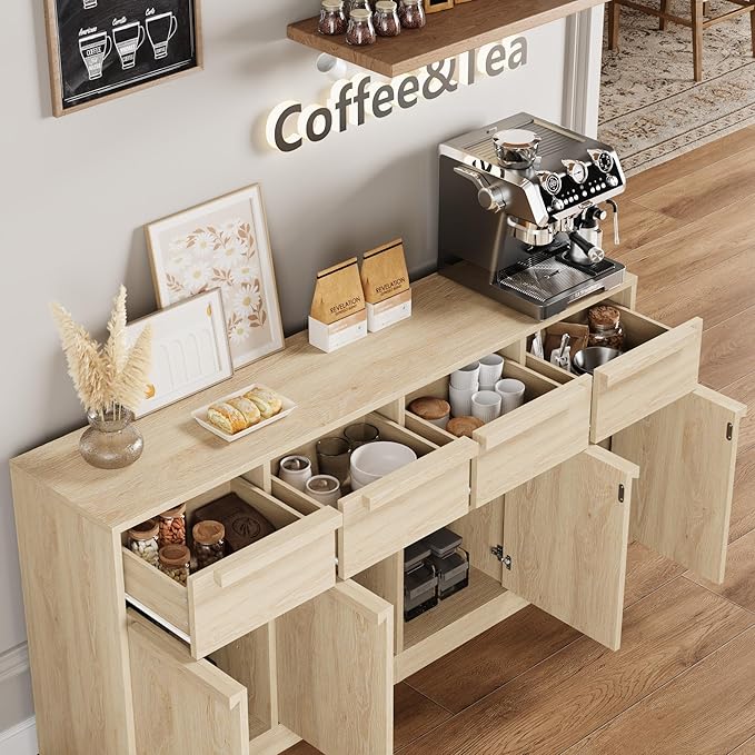 GarveeHome Sideboard Buffet Cabinet with 4 Drawers, 62.4 in Large Coffee Cabinet with Storage, Modern Storage Buffet Table for Kitchen Dining Room, Living Room (Pear Wood, 4 Doors & 4 Drawers)