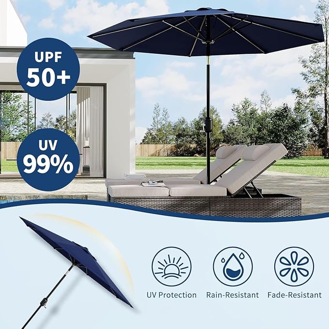 Garvee 9FT Patio Umbrella - Outdoor Table Umbrella with Crank Lift & Push Button Tilt - Market Umbrella 8 Sturdy Ribs UV Protection for Pool, Deck, Yard, Garden, Navy Blue