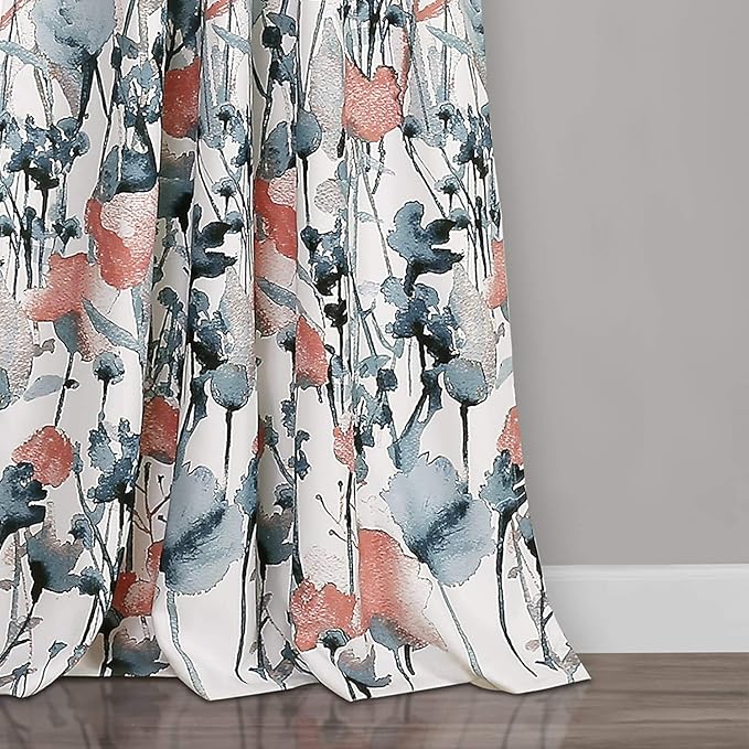 Lush DÉCOR Zuri Flora Curtains Light Filtering Window Panel Set for Living, Dining, Bedroom (Pair), 84 x 52 in, Blue and Coral, 2 Count