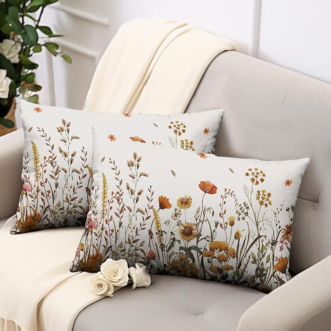 Fall Lumbar Pillow Covers 12x20 Set of 2 Autumn Flowers Decorative Outdoor Throw Pillow Case Burnt Orange Floral Thanksgiving Harvest Rectangle Pillowcase for Couch Sofa