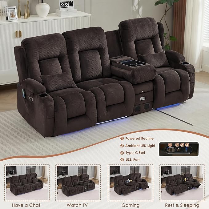 TUNYI Wall Hugger Loveseat Recliner Sofa with Console, Power Reclining Loveseat RV Couch with Massage & Heat/USB/Outlet/Storage/LED Light/Speaker (Brown, 4 Seat)