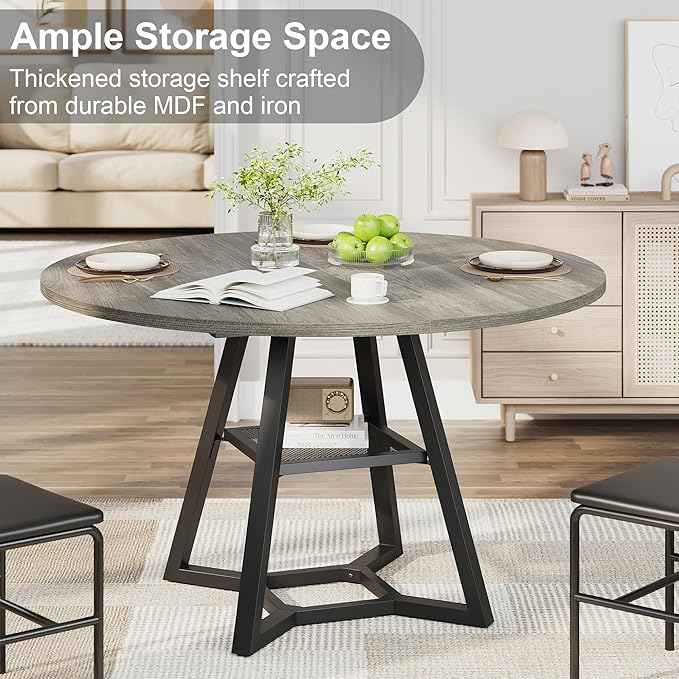 Round Dining Table for 4, Kitchen Tables Dining Room Circle Dinner Table with Pedestal Metal Frame, Space Saving Wood Industrial Kitchen & Dining Room Tables, Grey 47In