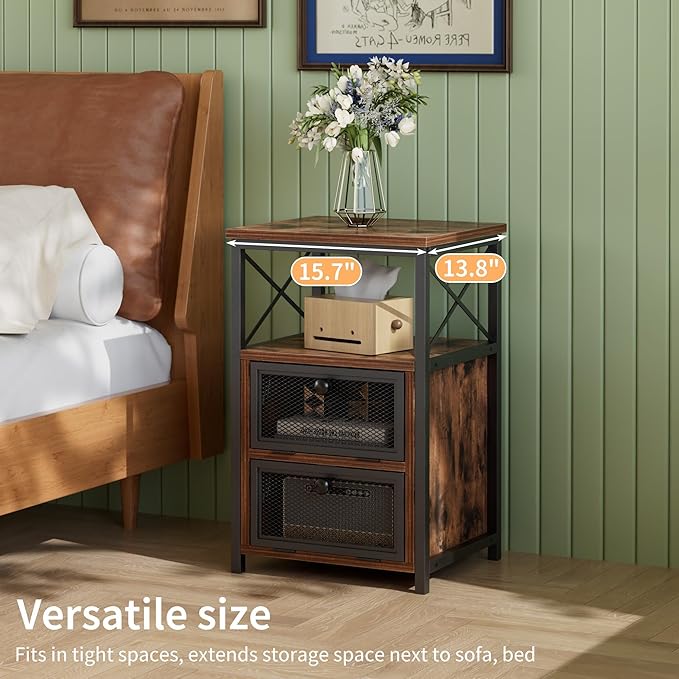 VECELO Nightstand Set of 2, End Table with Flip Drawer, Modern Night Stand for Bedroom,Living Room, Office, Easy Assembly, Classic Brown