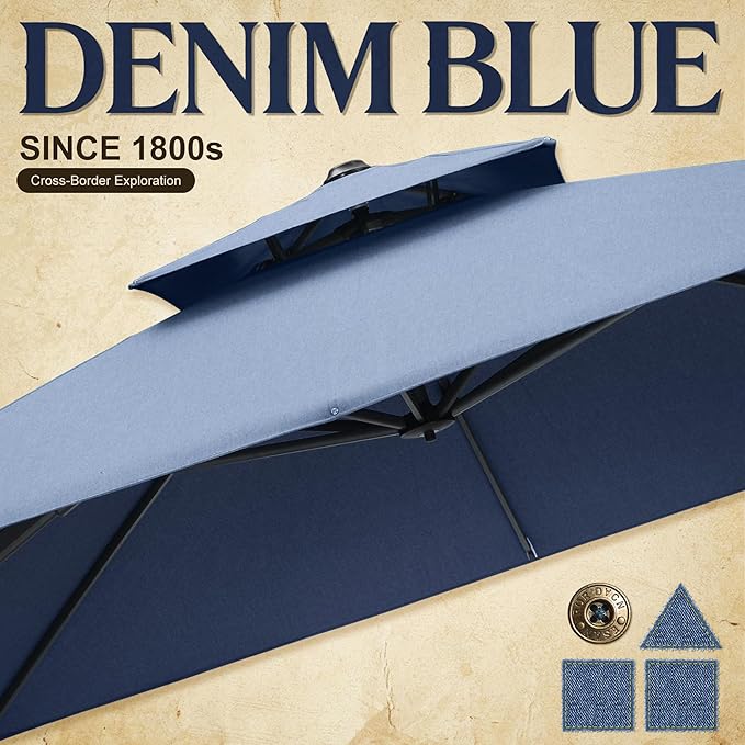 PURPLE LEAF Patio Umbrella 10' X 13' Outdoor Cantilever Umbrella Large Rectangle Double Top Heavy Duty Offset Umbrella with 360-Degree Rotation for Pool Garden Deck Spectrum Denim