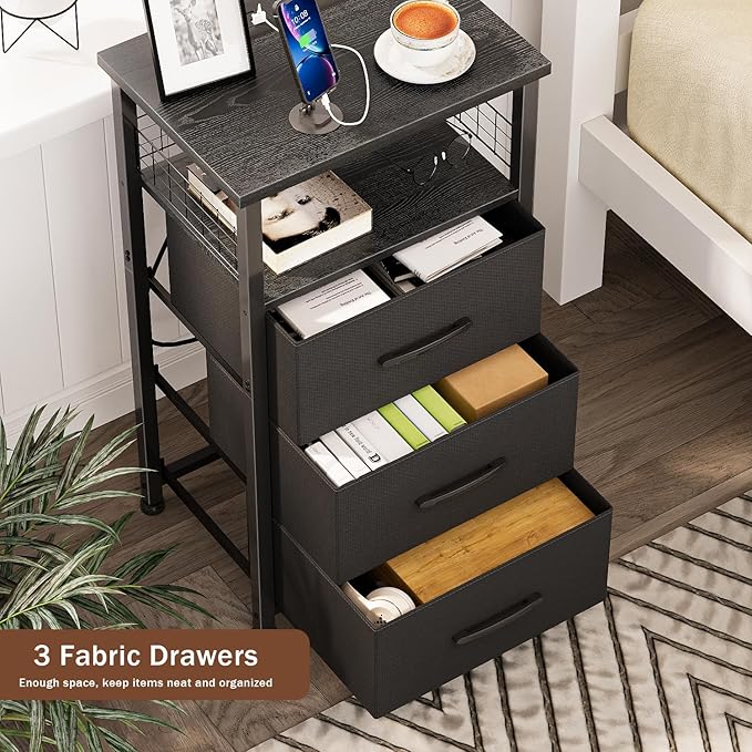 Night Stand Set 2 with Charging Station, End Table Set of 2 with 20 Colors LED Light Strip, 3 Fabric Drawers, Bedside Table with USB Ports and Outlets for Bedroom (Black)