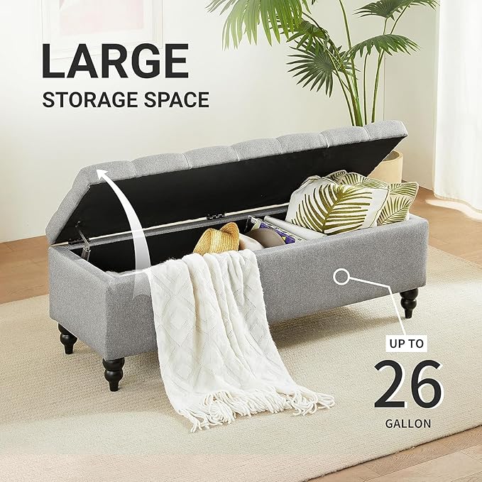 Storage Ottoman Bench 50.2 Inches, Upholstered End of Bed Ottoman Bench with Storage and Seating, Large Blanket Bench for Foot Rest in Bedroom, Living Room, Entryway (Grey)