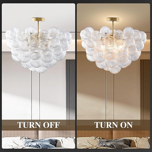 Longree Bubble Ball Semi Flush Mounting Ceiling Light Fixtures, Dia 20 inch Gold and Clear Blown Glass Small Swirled Glass Chandelier for Bedroom Study Bathroom Dining Room