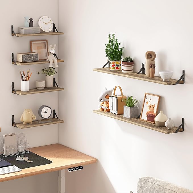 Fixwal Floating Shelves Width 4.7in Rustic Wood Wall Shelves Set of 8, Wall Shelves for Bedroom, Living Room, Kitchen, Bathroom, Office Decor and Plants Display (Carbonized Black)