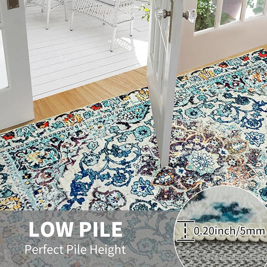 Easy-Going Area Rug 5x7 Washable Boho Rugs for Living Room Non-Slip Bedroom Rug Low Pile Lightweight Medallion Distressed Throw Rug for Dining Room Kitchen Home Office Carpet, Vintage Multi