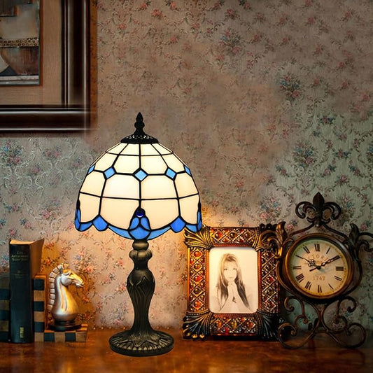 Tiffany Table Lamp, Tiffany Style Stained Glass Lamp, 8 Inch Small Antique Bedside Lamp, for Nightstand Bedroom Living Room Home Office, Blue, Include LED Bulb