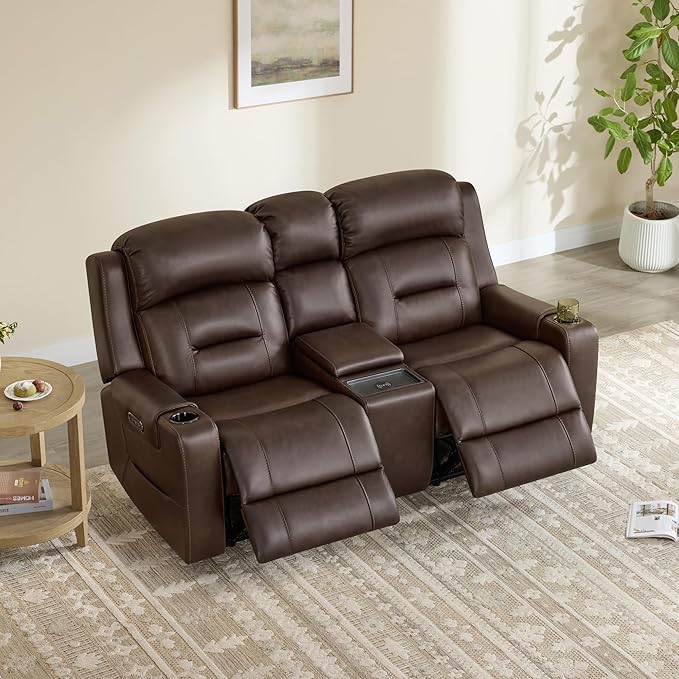 Watson & Whitely Genuine Leather Power Loveseat Recliner Sofa, Lay Flat Reclining Sofa with Console, Power Headrest, Cup Holders & Wireless Charging, Dual Recliner for Living Room, Dark Brown