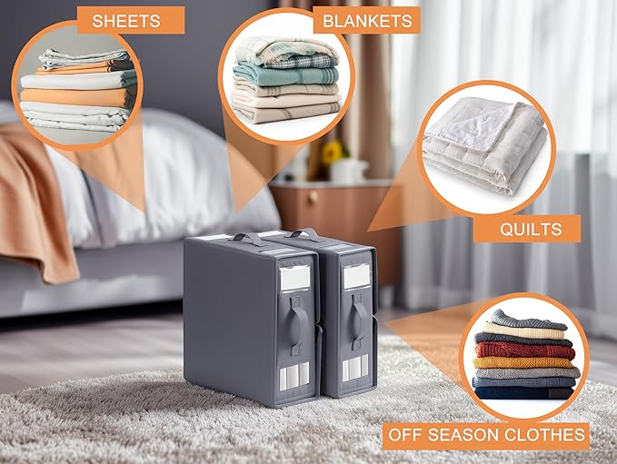 combocube 4 Pack Foldable Bed Sheet Storage Organizer Box for Linen Closet, with Window and Label, King or Queen Size Bedding Storage Boxes, Space Saving Container with Zip for Sheets, Covers, Clothes