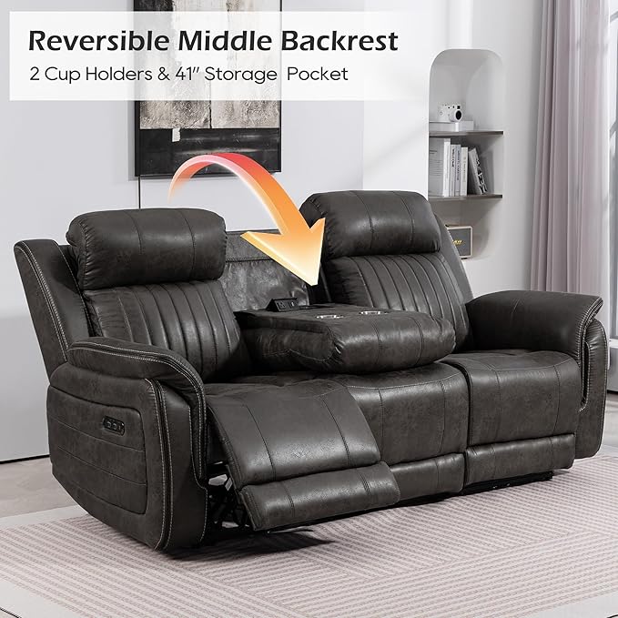 Zero Gravity Power Reclining Sofa with Adjustable Headrest, Electric Reclining Couch with Wireless Charge, USB Ports, Power 3-Seater Recliner Sofa with Drop Down Table, Outlet (Charcoal Brown)
