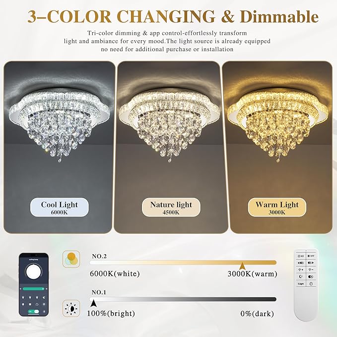 24" Sliver Crystal LED Ceiling Light Fixture with Remote Control,Flush Mount Chandelier with 3-Color Dimmable for Living Room Bedroom Dining Room Hallway - Modern Flower Design