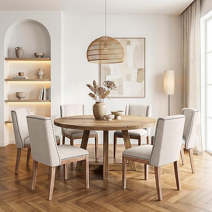 Dining Chair Set of 6, Upholstered Fabric Kitchen Side Chairs with Solid Wood Legs, Comfortable Seating for Kitchen, Dining Room & Restaurant, Camel