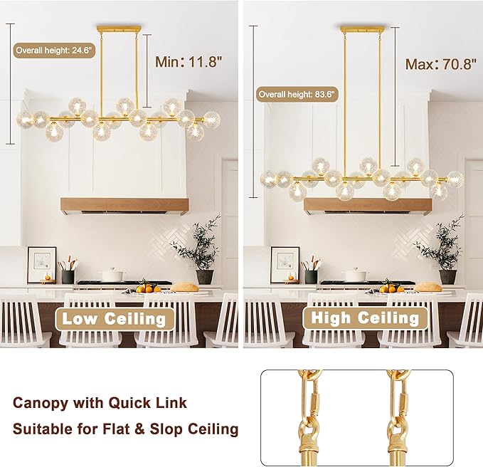 Modern Chandeliers for Dining Room Swirled Glass 55" Gold Linear Sputnik Chandelier 16-Light Large Chandelier Bubble Dining Room Light Fixture Linear Island Lights for Kitchen, Electroplated Brass