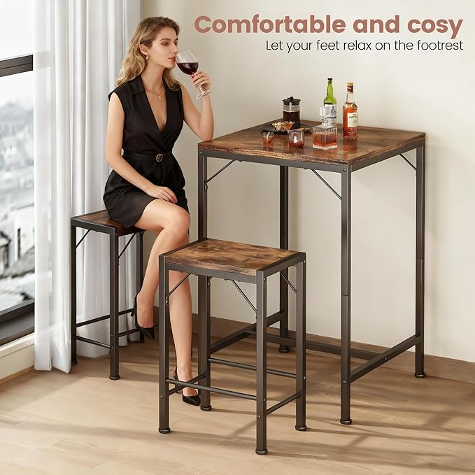 Homeiju Bar Table and Chairs Set, Square Bar Table with 2 Stools, Space-Saving Dining Pub Set for 2, Perfect for Kitchen, Breakfast Nook, Living Room & Small Spaces