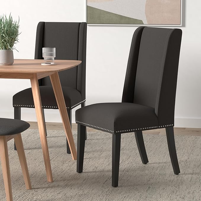 Modway Baron Modern Tall Back Wood Upholstered Fabric Parsons Four Kitchen and Dining Room Chairs with Nailhead Trim in Brown