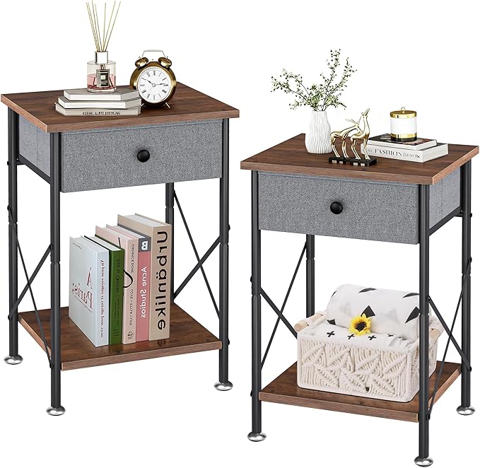 VECELO End Tables, Modern Nightstands with Fabric Drawer & Open Shelf, Side Table for Bedroom Living Room, Industrial Metal Frame, Rustic Brown,2 Pack