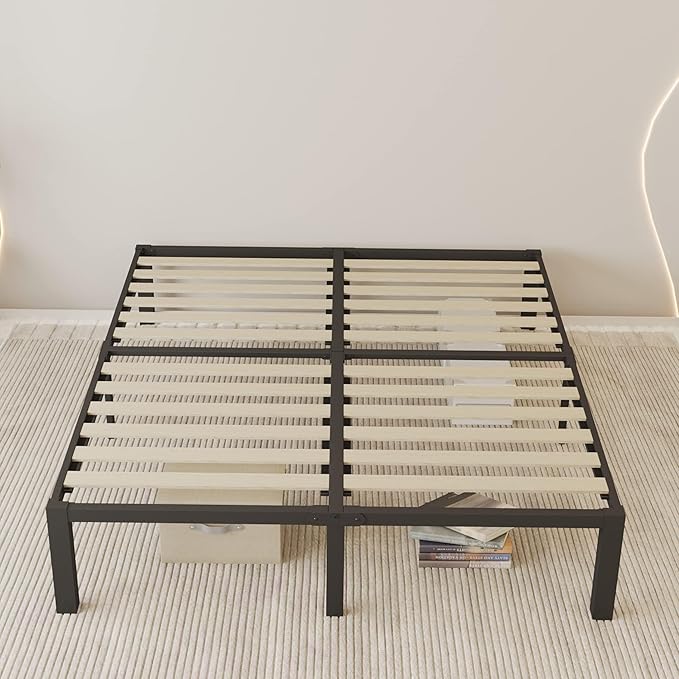 ROIL 18 inch Queen Size Bed Frame with Wood Slats - 3500lbs Heavy Duty No Box Spring Needed Platform, Mattress Stoppers Double Metal Noise Free Bedframe with Headboard Hole