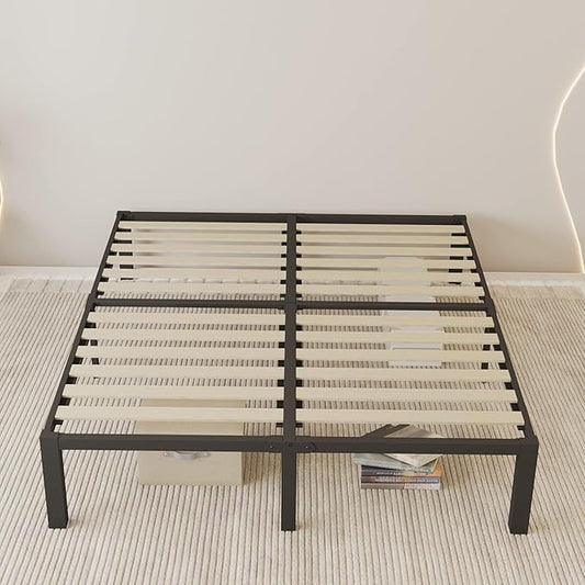 ROIL 18 inch Queen Size Bed Frame with Wood Slats - 3500lbs Heavy Duty No Box Spring Needed Platform, Mattress Stoppers Double Metal Noise Free Bedframe with Headboard Hole