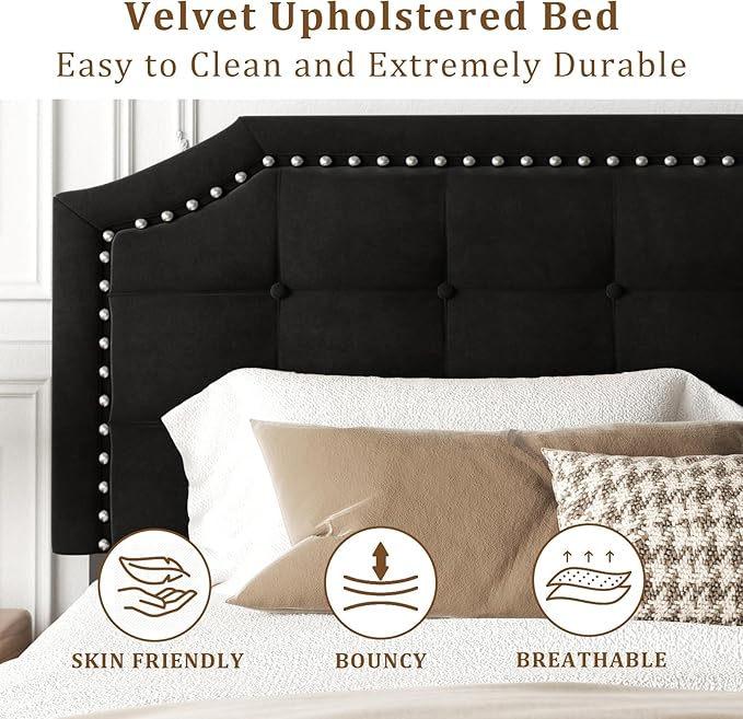 King Size Bed Frame, King Size Platform Bed Frame with Upholstered Button Tufted Headboard, Strong Wood Slats, No Box Spring Needed, Mattress Foundation, Easy Assembly Black