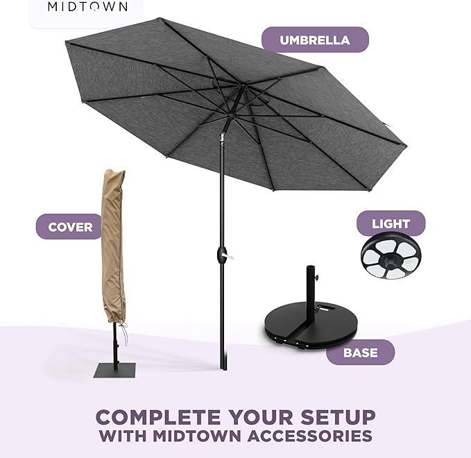 Midtown Umbrellas – The Lean 8 Ft Patio Umbrella with 10-Year-No-Fade Acrylast Acrylic Fabric, Auto-Tilt and 8 Reinforced Ribs for Deck, Pool, Garden, Hotel & Cafes – Stonecast Grey Canopy, Black Pole