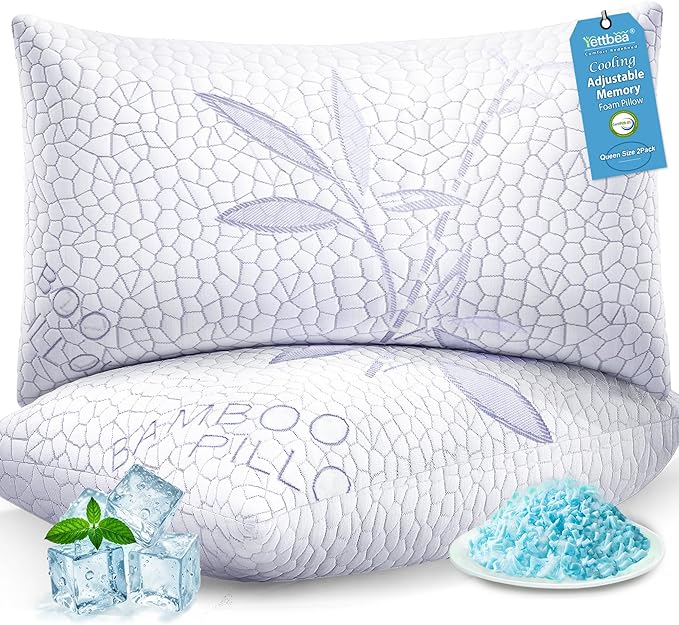 Yettbea Adjustable Shredded Memory Foam Pillows Queen Size Set of 2, Luxury Cooling Bamboo Rayon Pillow w/Washable Zippered Cover, Soft or Firm Support Bed Pillow for Side, Back, Stomach Sleeper